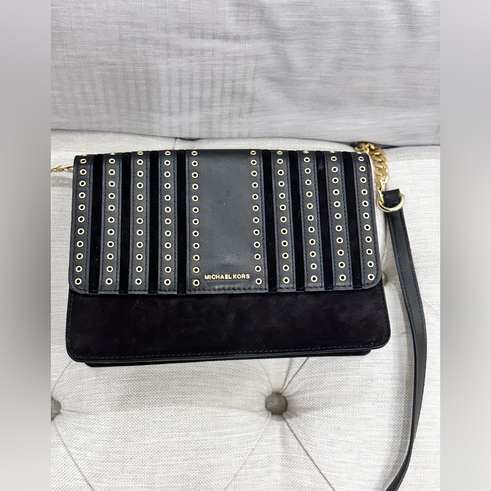 Michael Kors Black leather and suede and Gold Studded Crossbody Bag